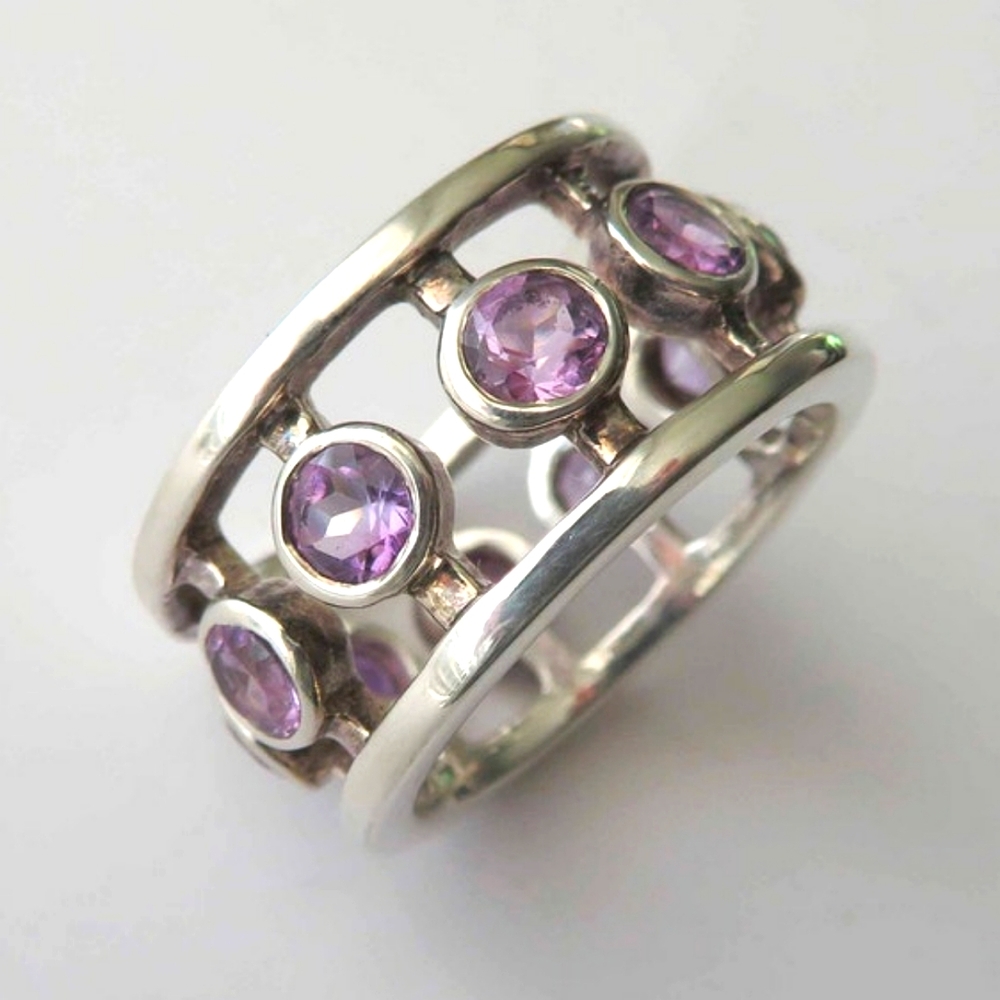 Sterling Silver With Amethysts Wide Band Ring 7.5